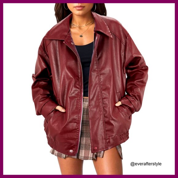 Oversized Faux Leather Bomber Jacket Y2K Motorcycle Style Zip Up Casual